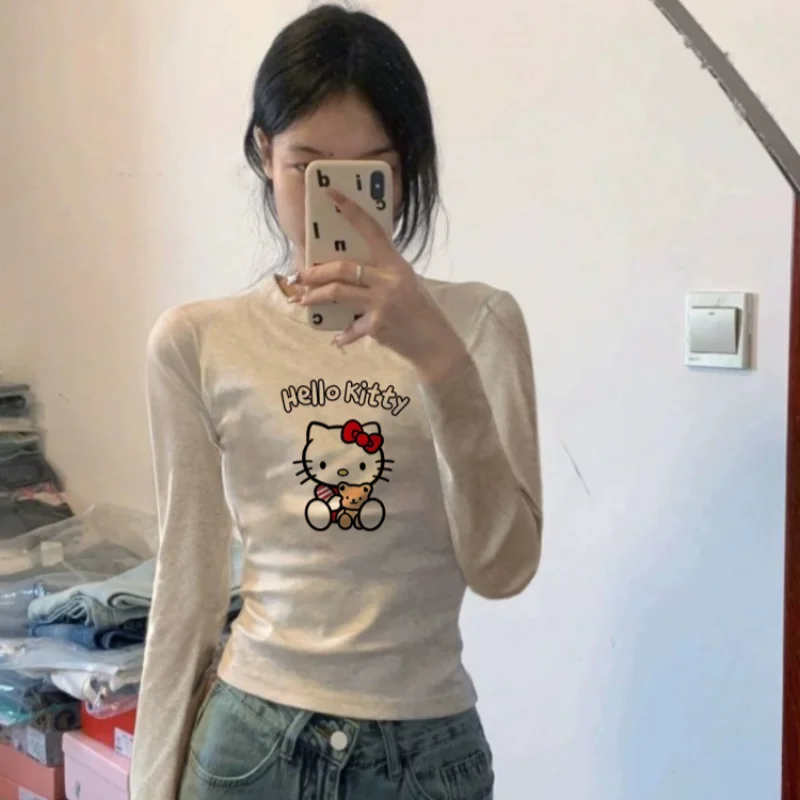 

Cartoon Hello Kitty T-shirt autumn cotton bottoming shirt round neck slim women's top animation periphery new Sanrio T-shirt