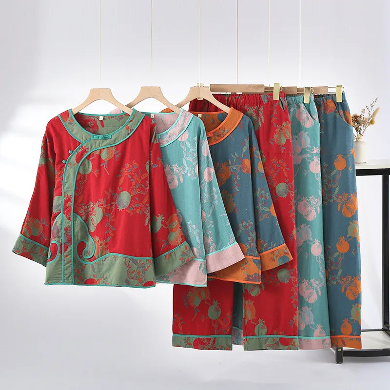 

Summer Women's Pajama Set Cotton Crepe Cute Love Long Sleeve Pullover Pants Two Piece Set Home Clothes