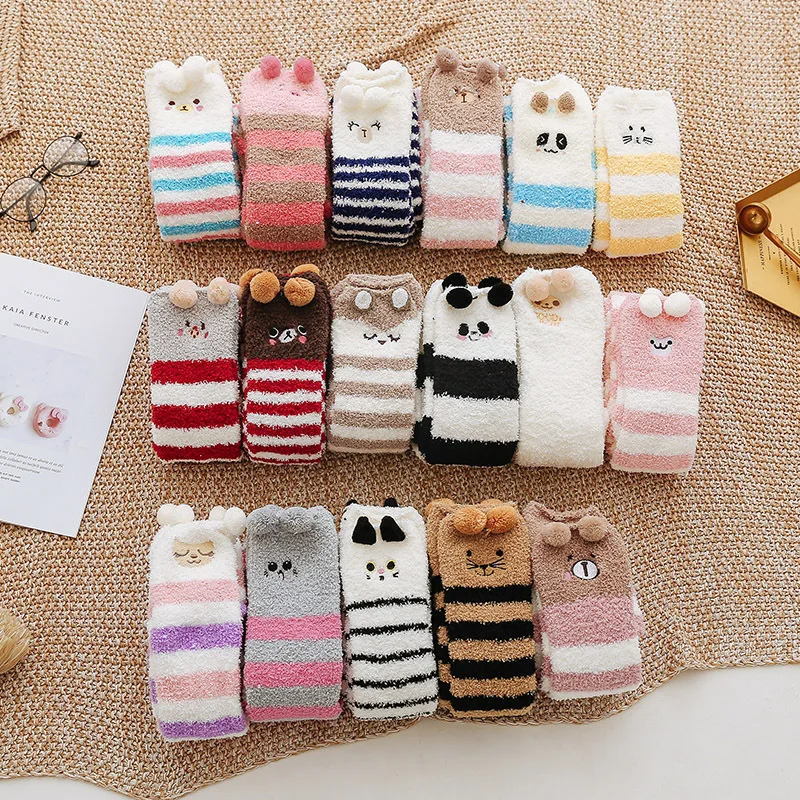 

Women's Fall and Winter Striped Cartoon Embroidered Socks, Coral Fleece Christmas Stockings, Thick and Warm Knee-high Socks
