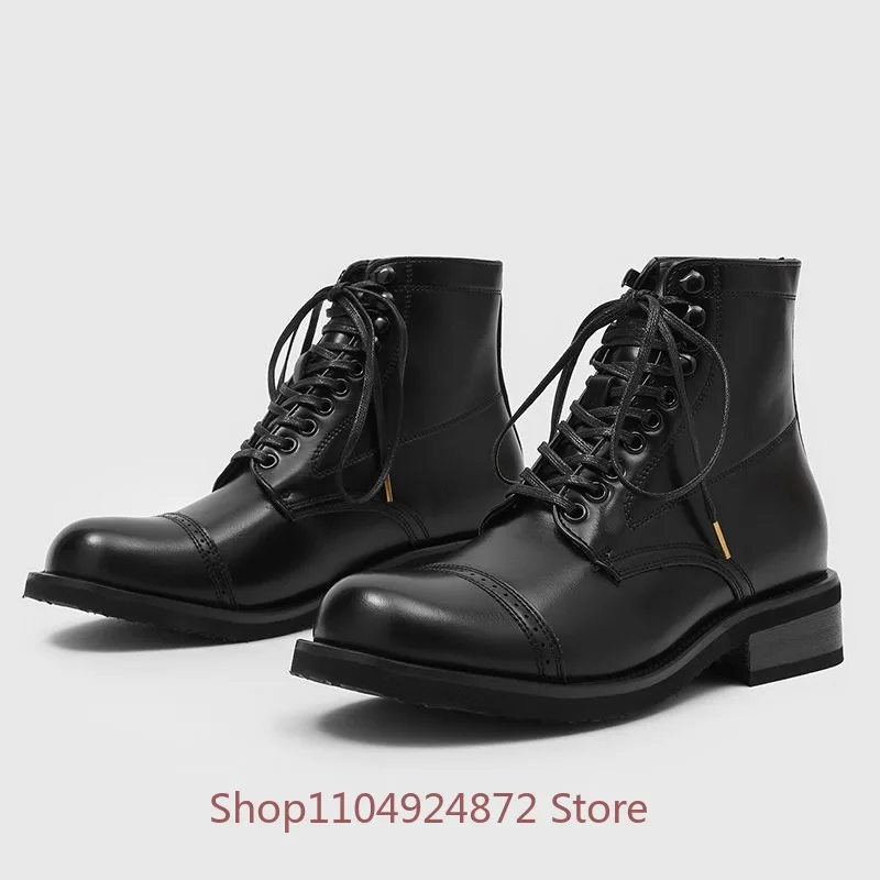 Vintage British Men Combat Boots Black Leather Lace Up Punk Motorcycle Work Streetwear Shoes Male Daily Chelsea Ankle Boots