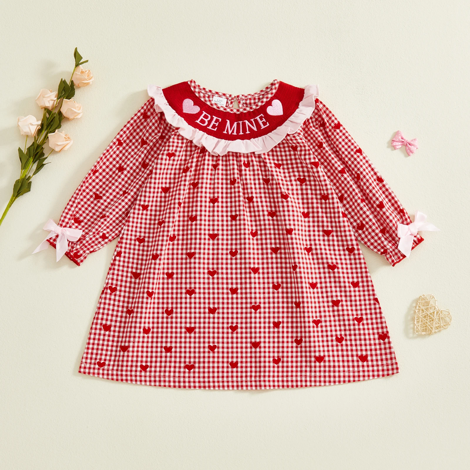 Kids Girls Valentines Day Dress, Long Sleeve Crew Neck Heart Plaid Dress Fall A-line Dress