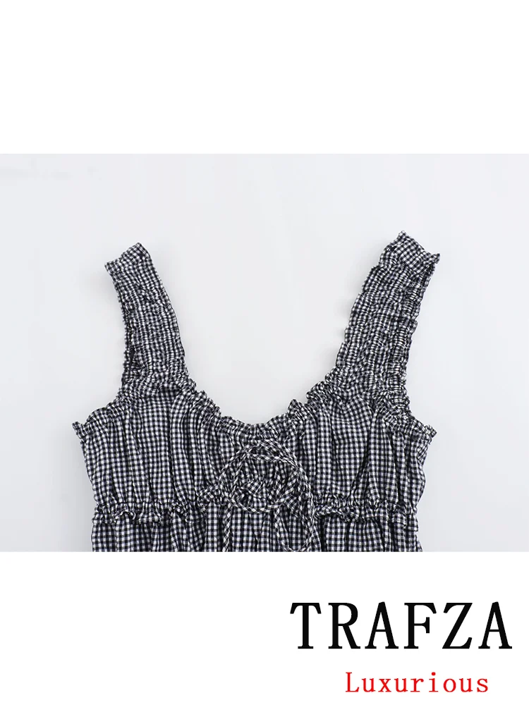 TRAFZA Vintage Casual Chic Women Suit Plaid Ruched Bow Sleeveless Cami Top Lace-up Loose Shorts New Fashion 2024 Summer Sets