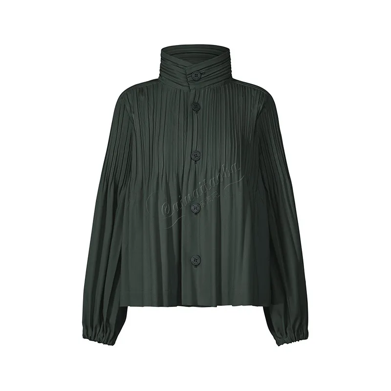 

Miyake Pleated Windbreaker Jacket Women's Short Style Stand Up Collar Loose Plus Size Women's Temperament Windbreaker Autumn