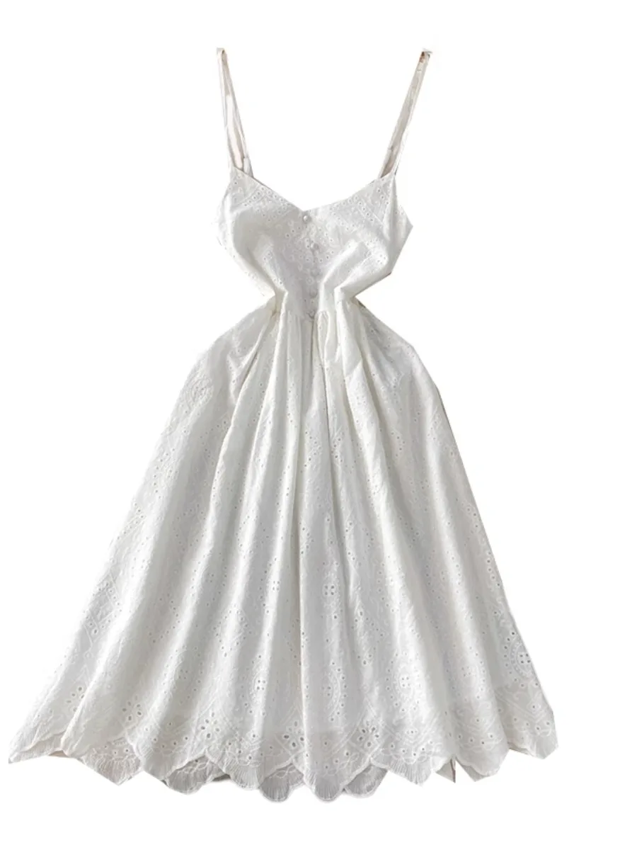 Foamlina الأبيض انقطاع المطرزة الخامس الرقبة فستان بكتافة المرأة الصيف جديد شيك Cinched الخصر التخسيس الجنية عطلة فساتين