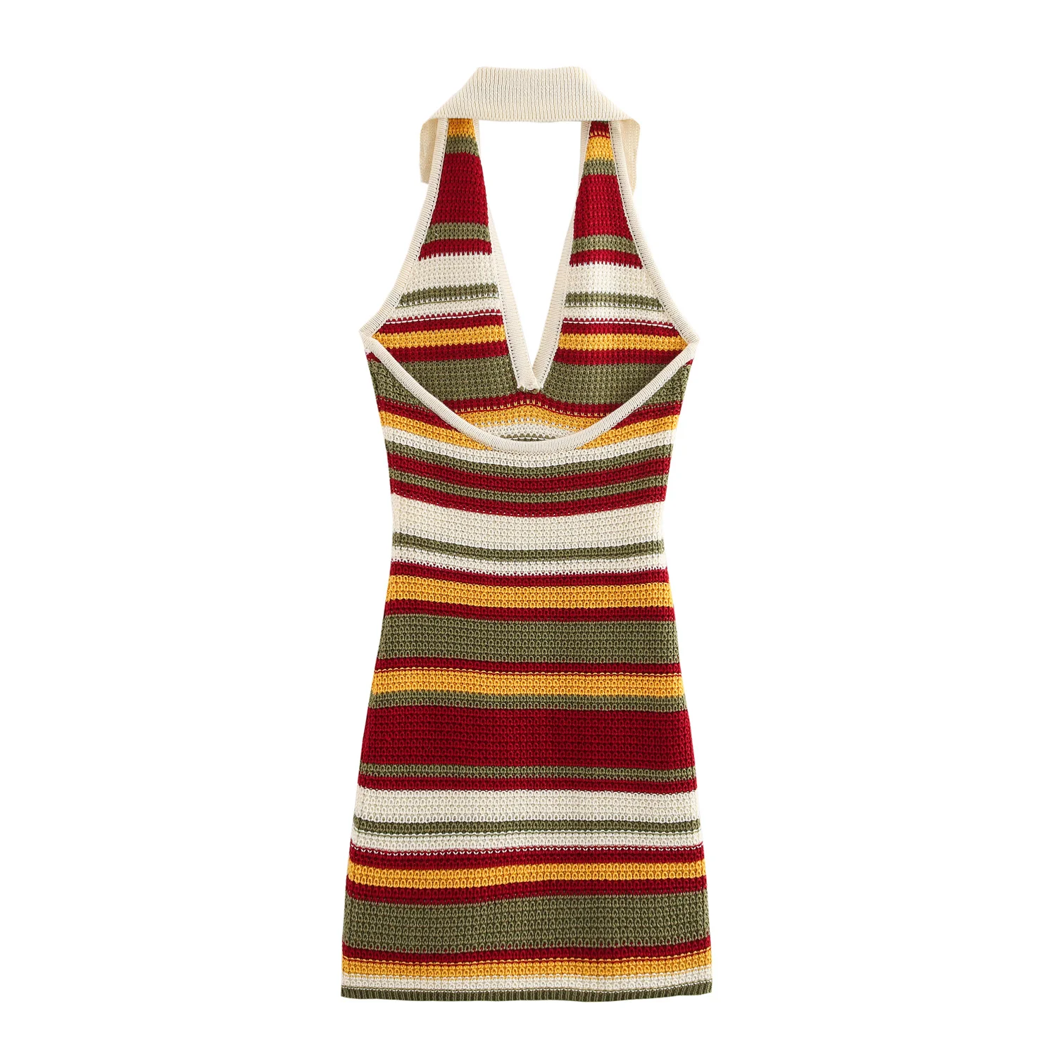 Dave&Di Moroccan Bohemian Striped Knitted Backless Sexy Dress Women Halter Sheath Party Mini Dress Girls