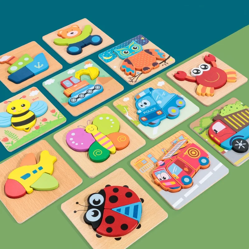 3D Wooden Puzzle Cartoon Animal Traffic Jigsaw Early Learning Cognition Game Puzzle Toys for Children gift