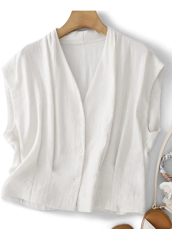 

Summer Loose Women's Vest Top Gathered Sleeveless Shirt Large Size Fashionable Casual Cotton Polyester Blend V-Neck Open Card...