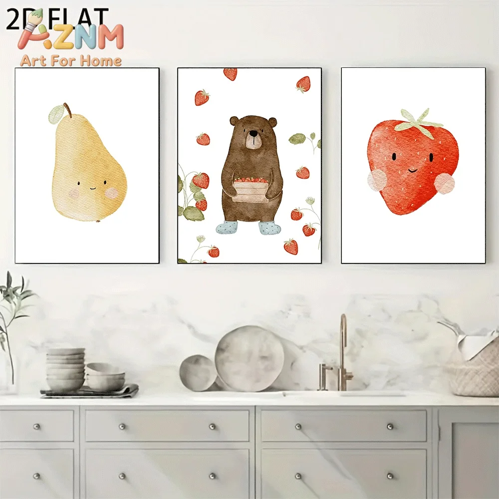 AZNM Watercolor Bear Pear Strawberry Canvas Wall Art, Cute Smiling Cartoon Fruit Animal Soft Watercolor Illustration Print Paint