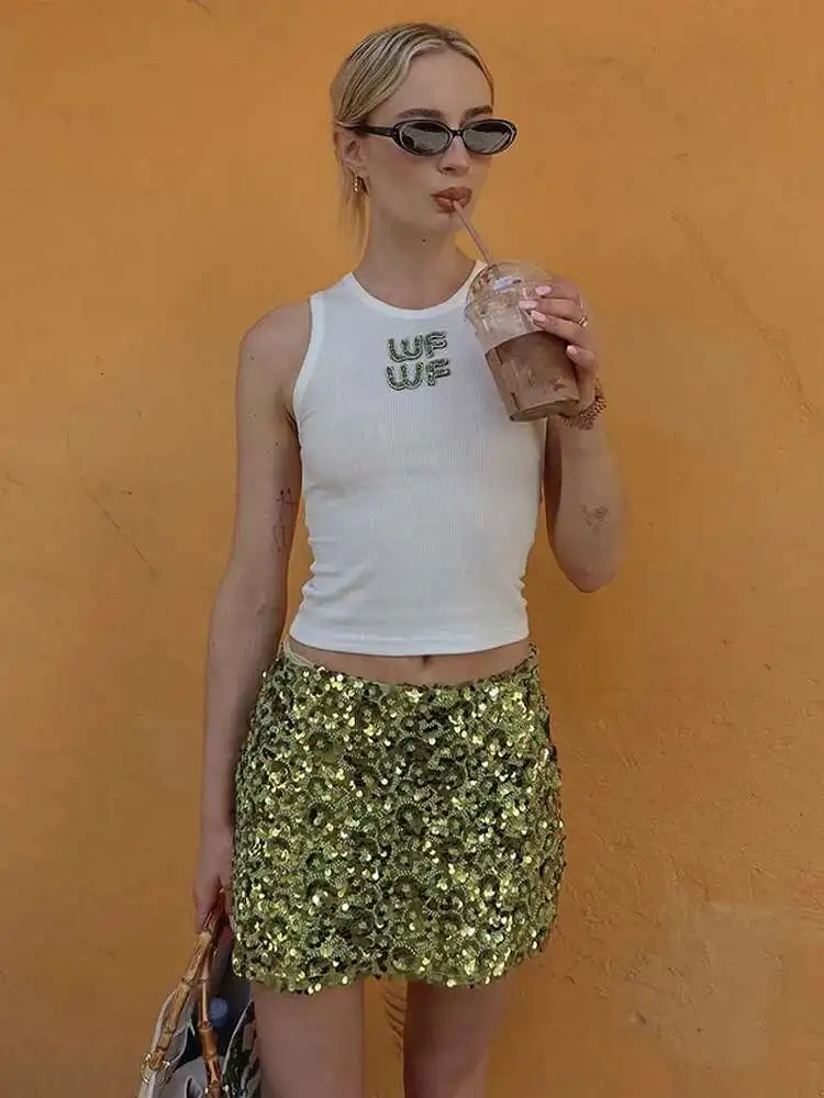 15 farben Frauen Shiny Grün Pailletten Mini Rock Mode Hohe Taille Bodycon Kurze A-linie Röcke Dame Sexy High Street Party 74Z3