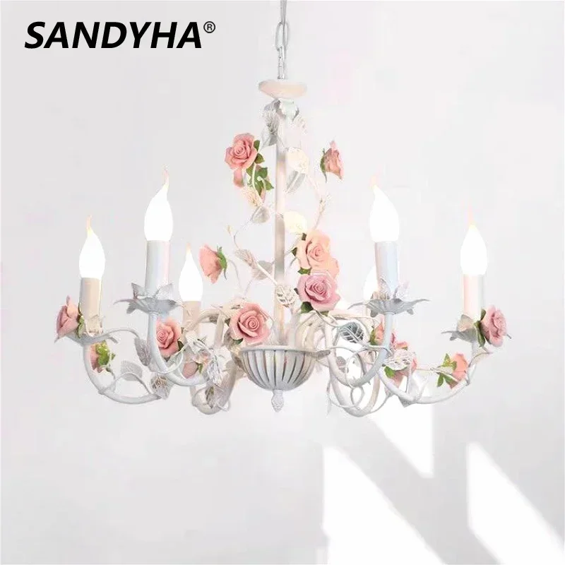 

Nordic Retro Rose Pendant Lights Cream Candle Ceiling Chandeliers Home Decor Bedroom Living Dining Room Ceramic Led Hanging Lamp