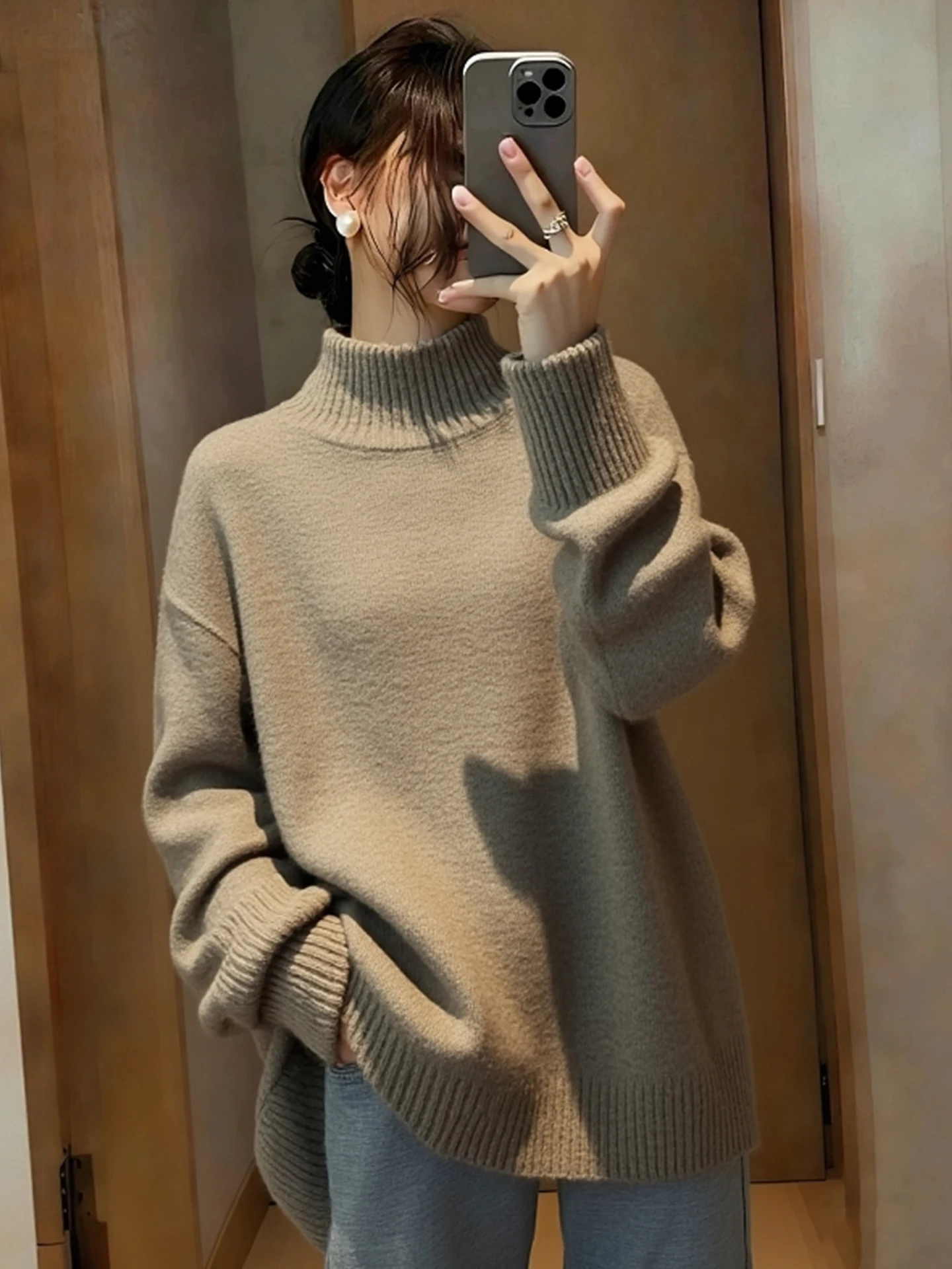 

Comfortable Casual Oversized Long Sve Camere Sweater Soft Cozy Pure Color Knitted Winter Faion Women's Premium Knitwear