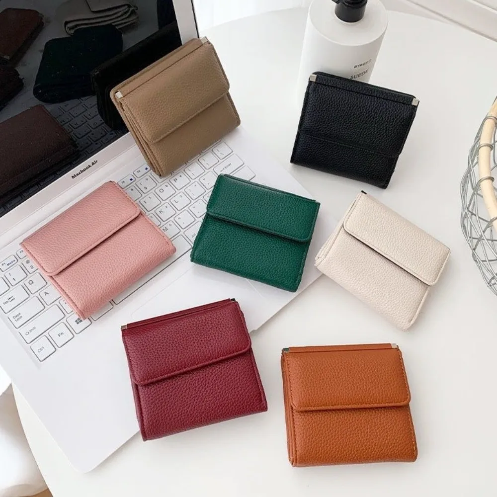 Leather Material Short Wallet Magnetic Closure Large Capacity Bifold Wallet Multiple Card Slots Solid Color Coin Purse Women