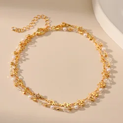 18k Gold Plated Five Pointed Star Double Chain Women Anklets Dreamy Transparent Crystal Beads Anklet with White Beads Jewelry
