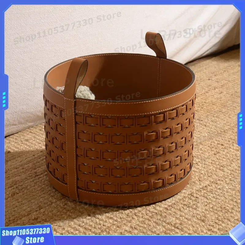 Light Luxury Handwoven Leather Storage Basket with Handle for Living Room Home Organization Sundries Bucket Decorative