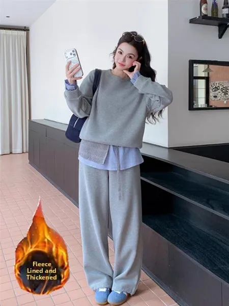 

Grey Lazy Style Casual Set Women Spring 2026 New Korean Simple Hoodie Wide Leg Pants Two Piece Set Comfortable High Waist