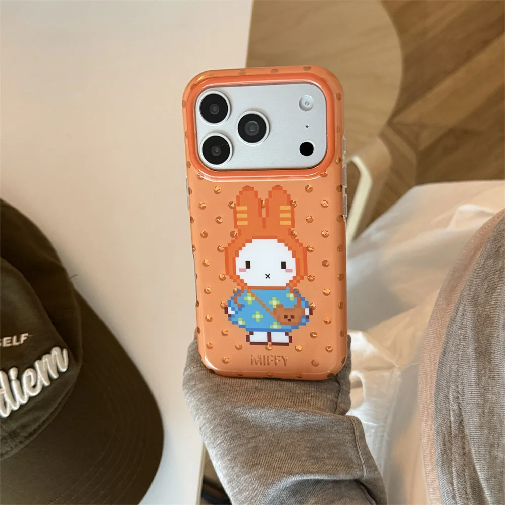 Cute Pixel Miffy Rabbit Phone Case For iPhone 15 16 17 Pro Max Dot Print Glossy Orange Shockproof Protective Soft Phone Shell