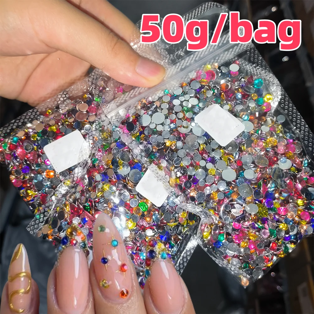 50 gr/beutel 3D Zufällig Gemischte Runde Nail art Strass Multi-Farben Flatback Diamant Nagel Charms DIY Telefon Fall Maniküre zubehör