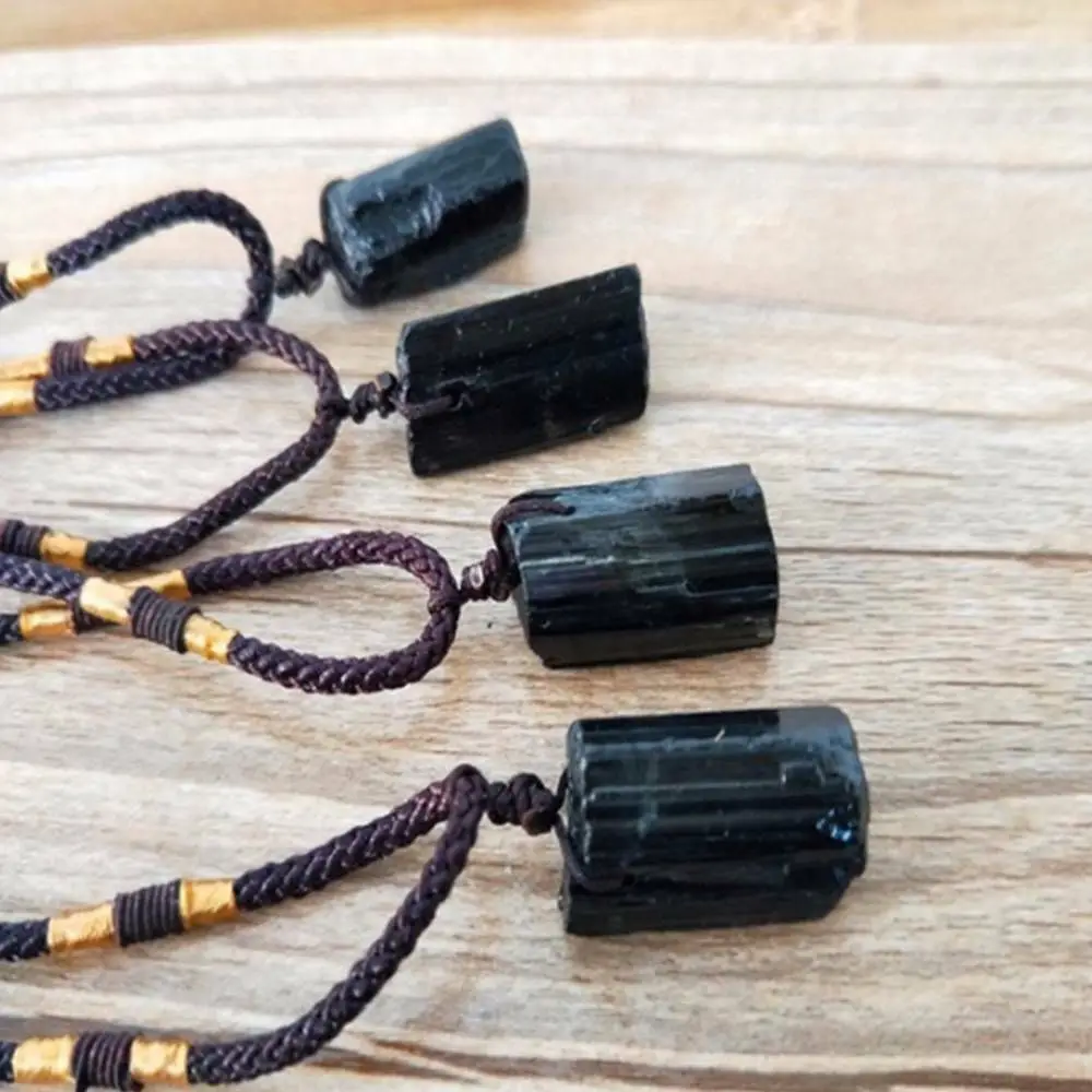 Natural Black Tourmaline Rough Pendant Necklace Irregular Black Tourmaline Cylinder Rough Stone Personality Necklace Jewelry