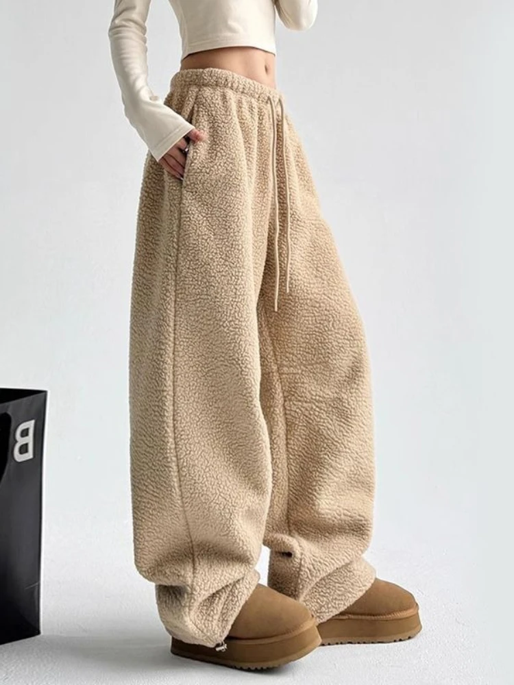 Deeptown Black Basic Wide Leg Women Pants White High Waist Korean Fashion Straight Polar Fleece Trousers Baggy Casual Winter