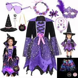 Halloween Carnival Girls Purple Witch Bat Embellished Tutu Dress With LED Light Birthday Party Kids Dress Up Cosplay Witch Dress