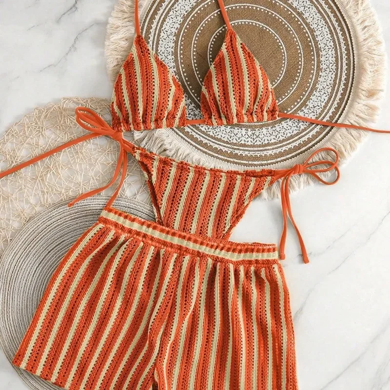 

New 3 Piece Vacation Swimsuit Set - Sexy Mesh Tie-Up Bikini with High Cut Bottoms for Women Multi-Color Beachwear​