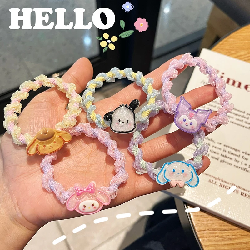 Anel de Cabelo Elástico Kawaii Sanrio, Hello Kitty Lace Hair Rope, Doce Kuromi Melody Cinnamoroll Scrunchies, Rosto Lavar O Círculo De Cabelo