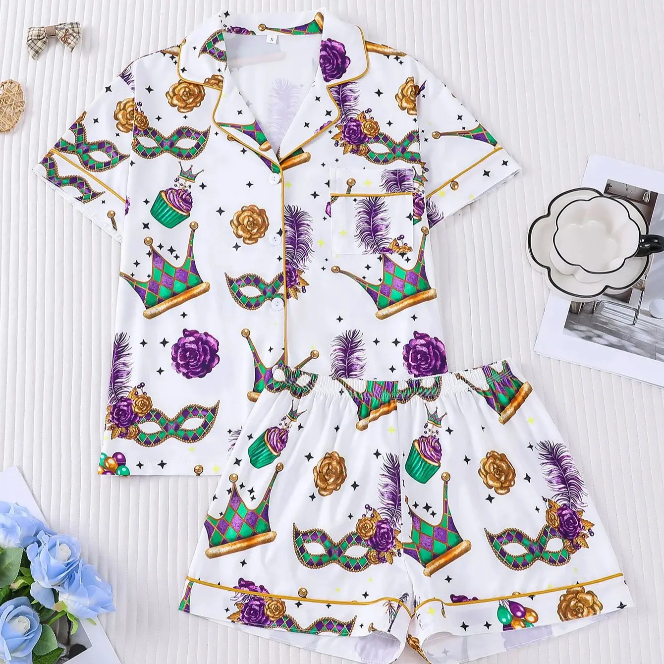 

Женский мягкий и приятный для кожи карнавальный пижамный комплект: кардиган с короткими рукавами и шорты, домашняя одежда, дышащая, можно носить на улице.