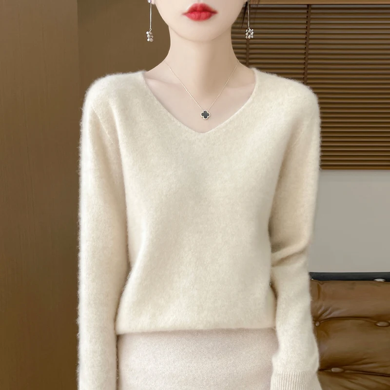 100% Wool Cashmere Sweater Women\'s 2024 Autumn/Winter New V-neck Knitted Pullover Solid Color Long Sleeve Soft Comfortable Tops