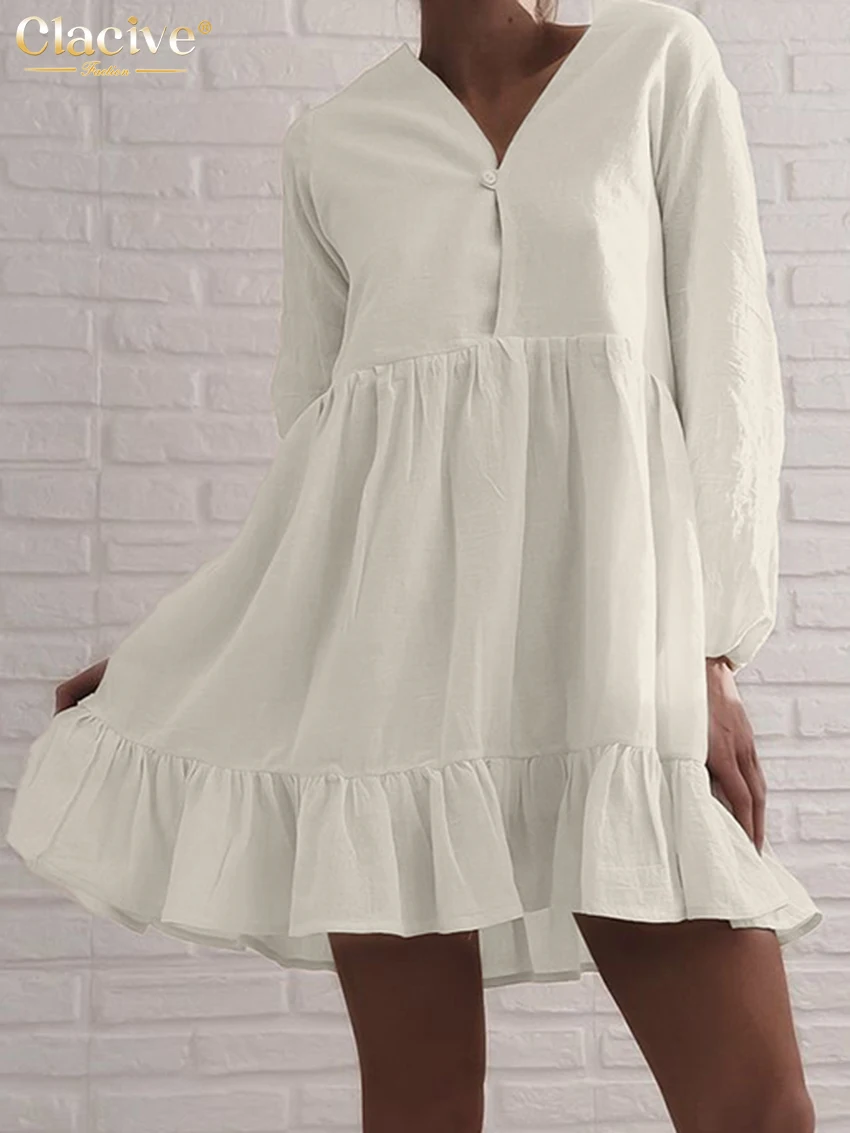 

Clacive Fashion Loose White Cotton Women Dress 2026 Spring V-Neck Long Sleeve Mini Dresses Elegant Classic Pleated Female Dress