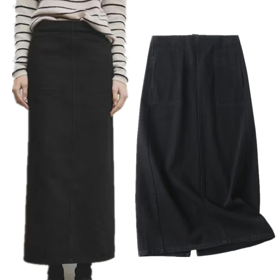 

Dave&Di Nordic Minimalist Black Denim Skirt Women For 2024 Spring Cotton Waist High Straight Midi Skirts