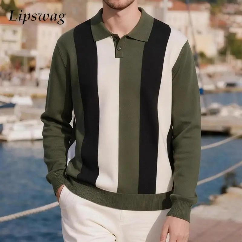 

Винтажная полосатая вязаная рубашка поло контрастного цвета, мужская весенне-осенняя повседневная джемпер на пуговицах с лацканами, топы, мужской стильный вязаный пуловер