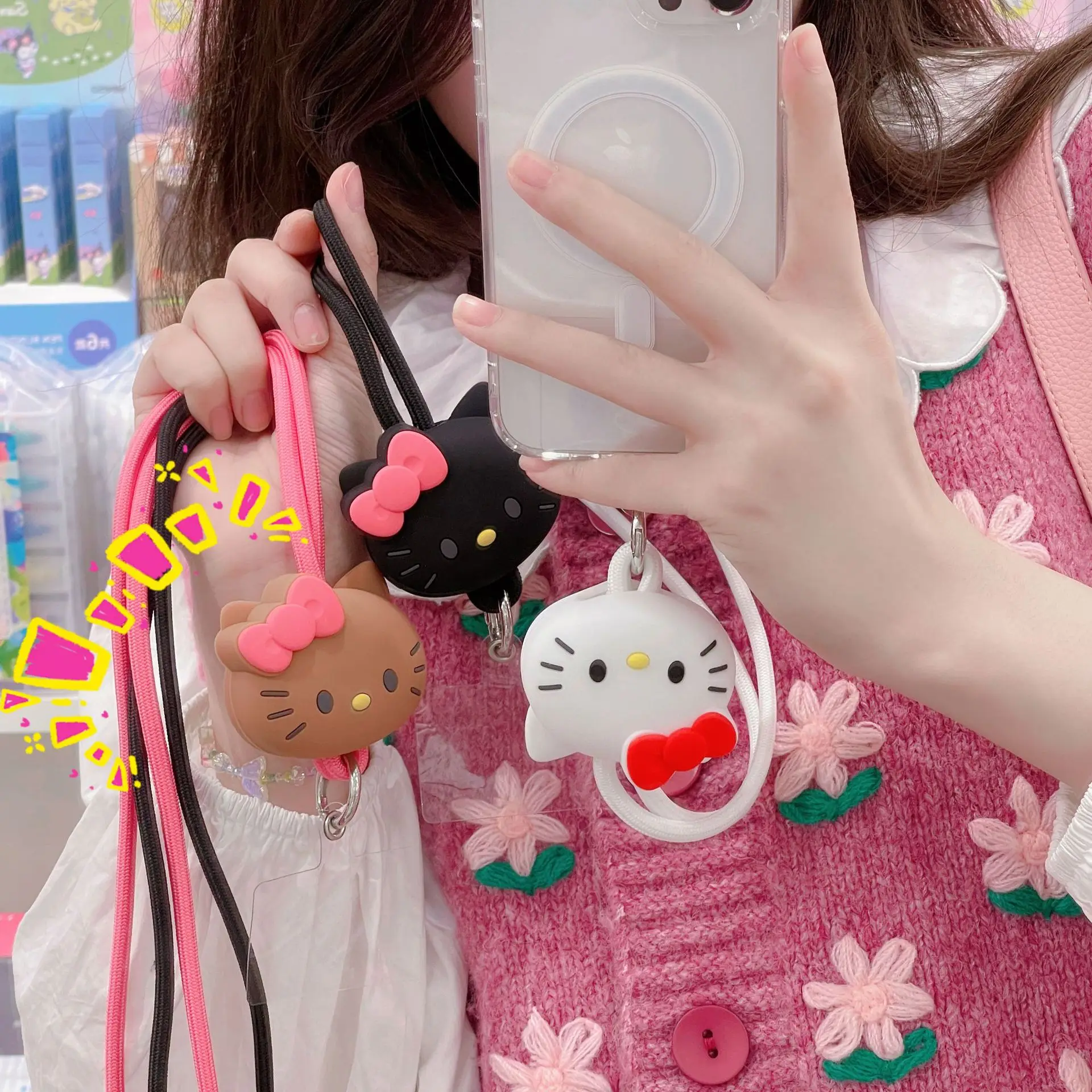 Sanrio Hello Kitty My Melody Cinnamoroll 3D Silicone Doll Phone Hanging Rope Cute Cartoon ID Card Cover Hanging Neck Long Rope