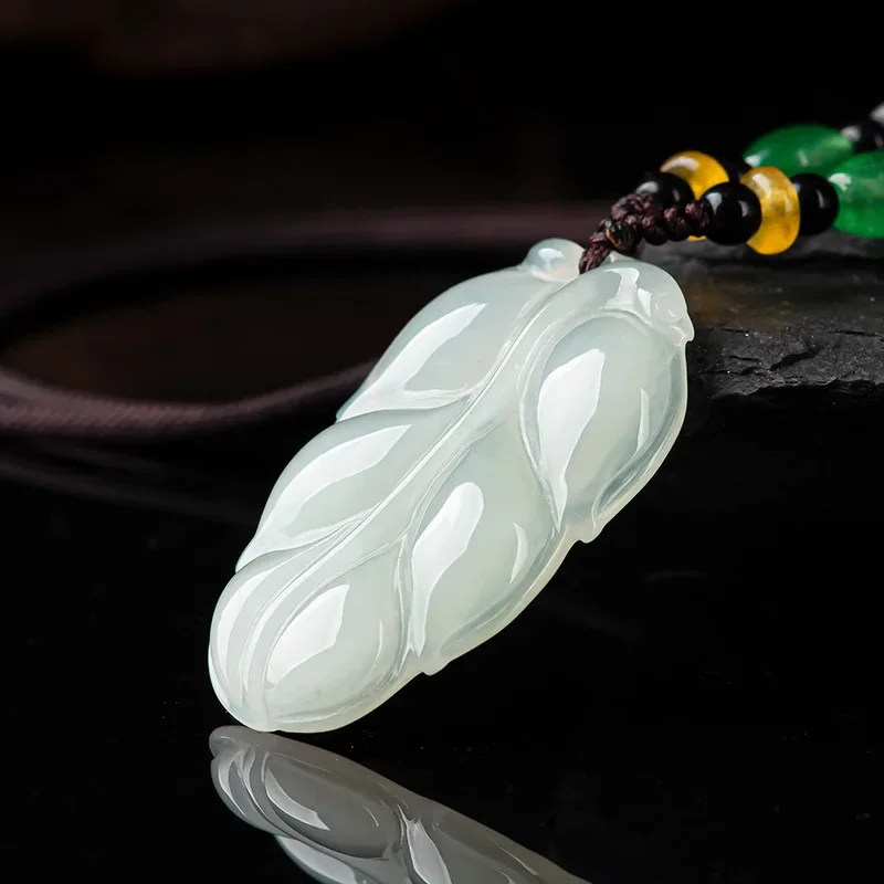 

Burmese Jade Leaf Pendant Natural White Man Gifts for Women Talismans Luxury Necklace Charms Emerald Amulet Jadeite Jewelry