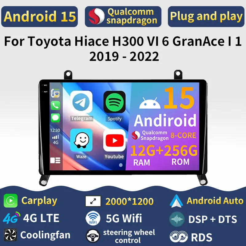 Android 15 Carplay para Toyota Hiace H300 VI 6 GranAce I 1 2019 - 2022 BT Audio 2din Radio de coche DSP vídeo estéreo 4G LTE reproductor GPS
