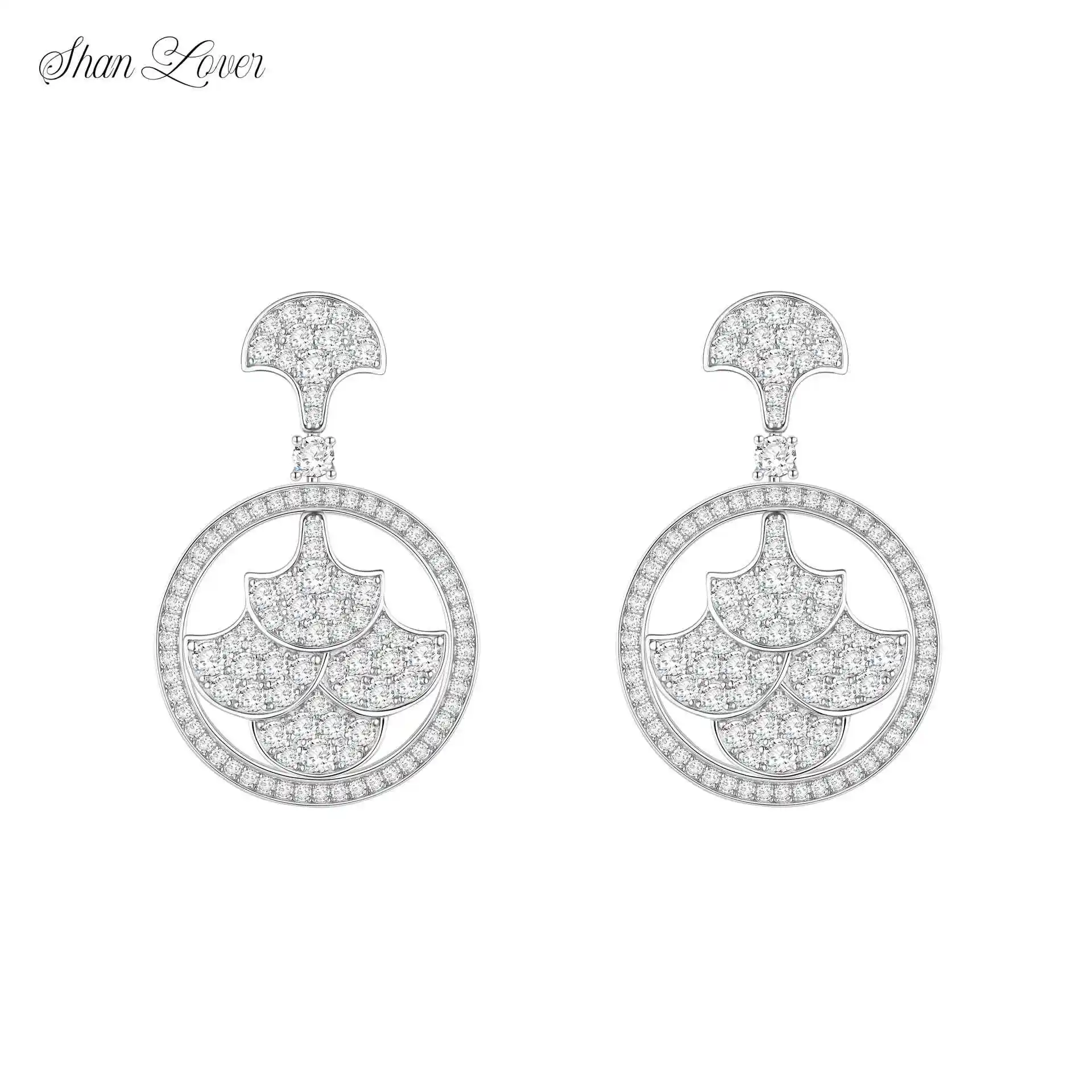 

ShanLover Brand CMA Certificate 5A Level High Quality 925 Sterling Silver Diamond Circle Fan Zircon Drop Earrings Jewelry