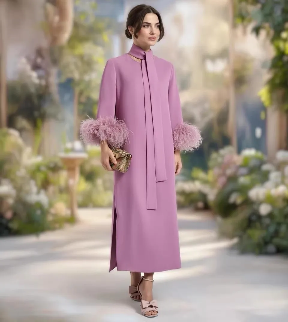 

Women's Luxury Heavy-weight Silk Evening Dress Fashionable Ribbon Splicing Ostrich Feathers Purple Long Dress