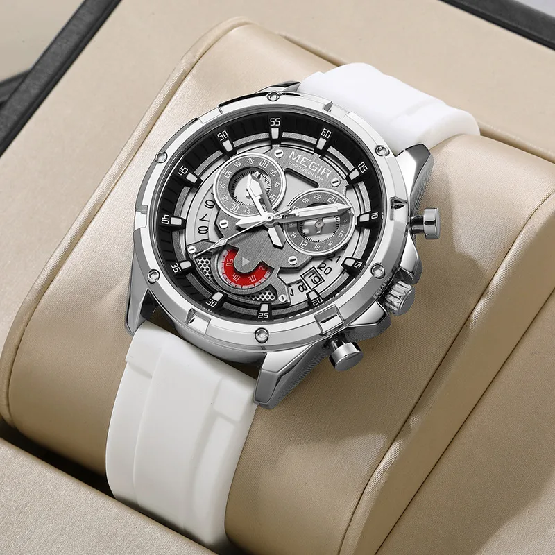 MEGIR 2248 ساعات كوارتز عصرية للرجل مضيئة كرونوغراف التقويم مقاوم للماء سيليكون حزام متعدد الوظائف ساعة رياضية للرجال