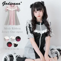 Summer New Japanese Sweet Bow Mesh Ribbon Lace Strap Zipper Short Sleeve Dress Women Girls Lolita Zipper Short Dresses