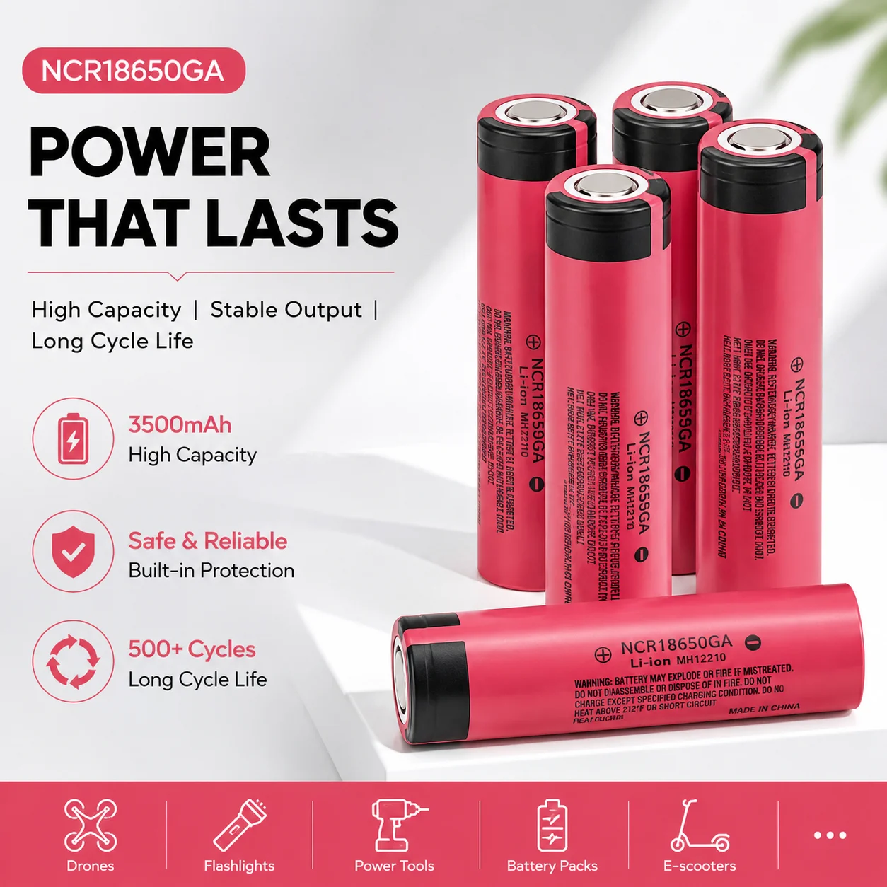 NCR18650GA 3.7V 3500mAh Rechargeable Lithium-ion Battery Cell for Flashlight Headlamp Torch Camping Hiking DIY Electronics