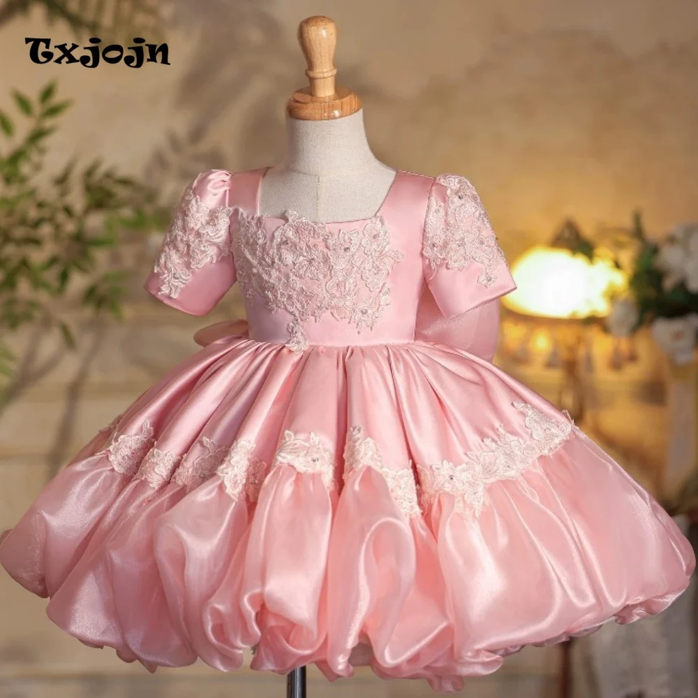 Light luxury Baby Girl Dress 1-14 Years Old Girl's Satin Lace Appliqued Princess Dress Birthday Dress Flower Girl Show Dress