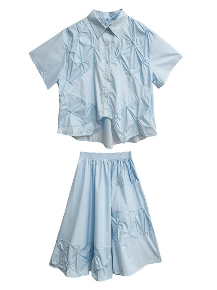 [EAM] Big Size Pleated Shirt Half-body Skirt Two Pieces Suit New Lapel Short Sleeve Women Fashion Spring Summer 2024 1DH6616