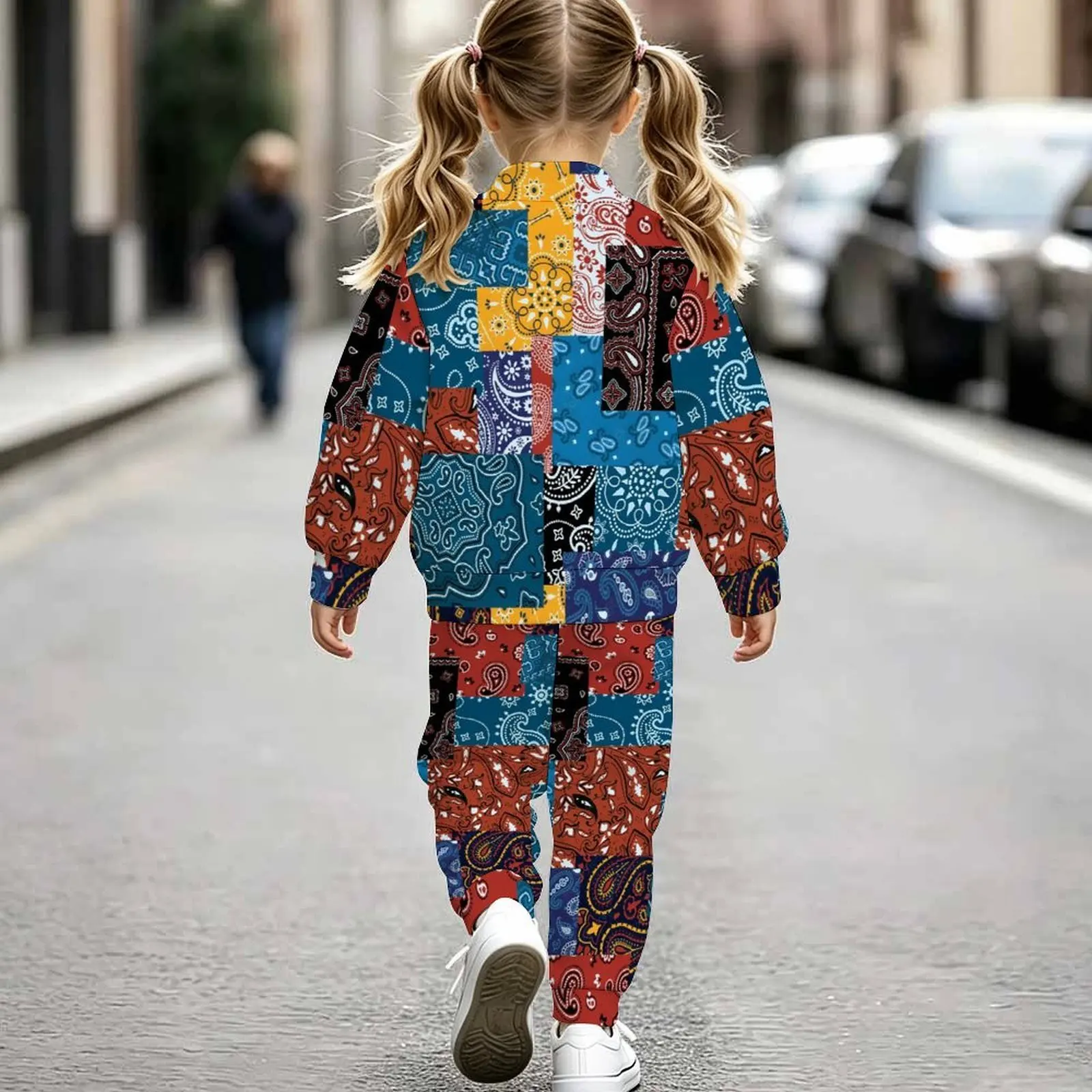 Retro Fashion Girls 2 Pieces Print Long Sleeve Coat + Sport Pants for Vacation and Daily Wear