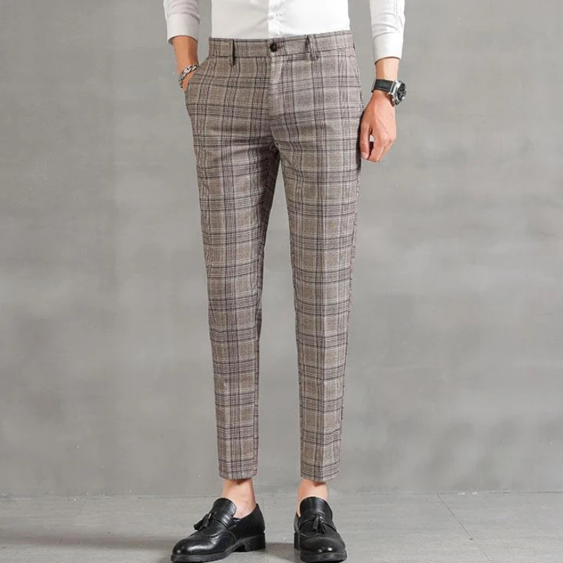 

Plaid Suit Trousers for Men Slim Fit Classic Man Suits Pants Korean Reviews Many Clothing Stylish Style New Fabric Cheap Clothes