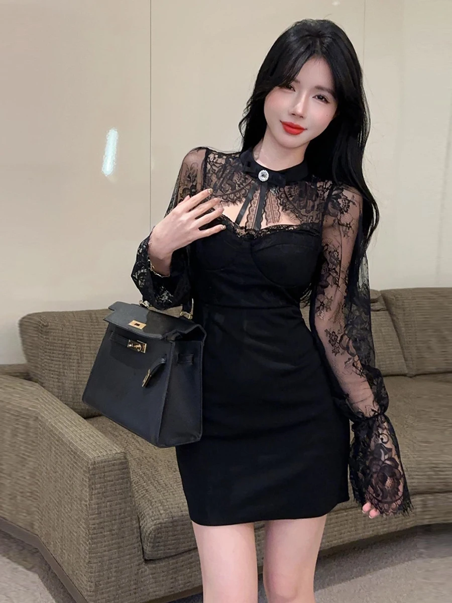 خمر الحلو Y2K الأسود شير الدانتيل مساء اللباس المرأة مثير انقطاع جرس كم Bodycon البسيطة فستان قصير حزب ثوب الراقية سيدة