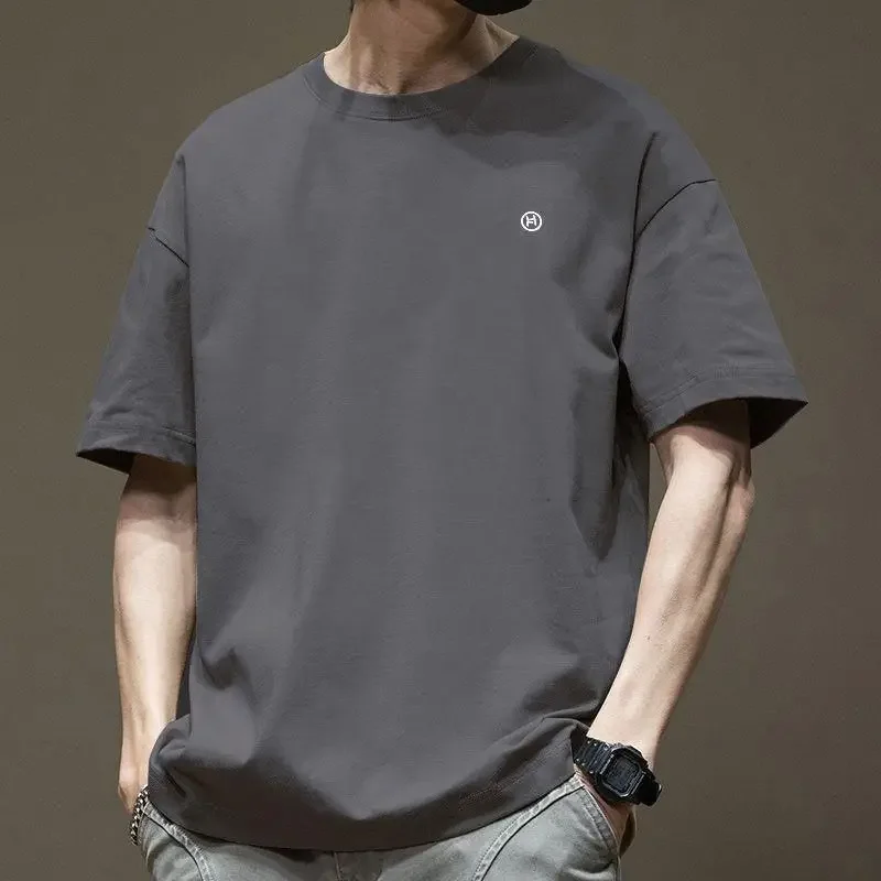 Pop Cotton Heavy Duty Solid Color Loose New Fashion Short Sleeve T-shirts Men's Casual Trendy Summer Printed T-shirts Male Cloth