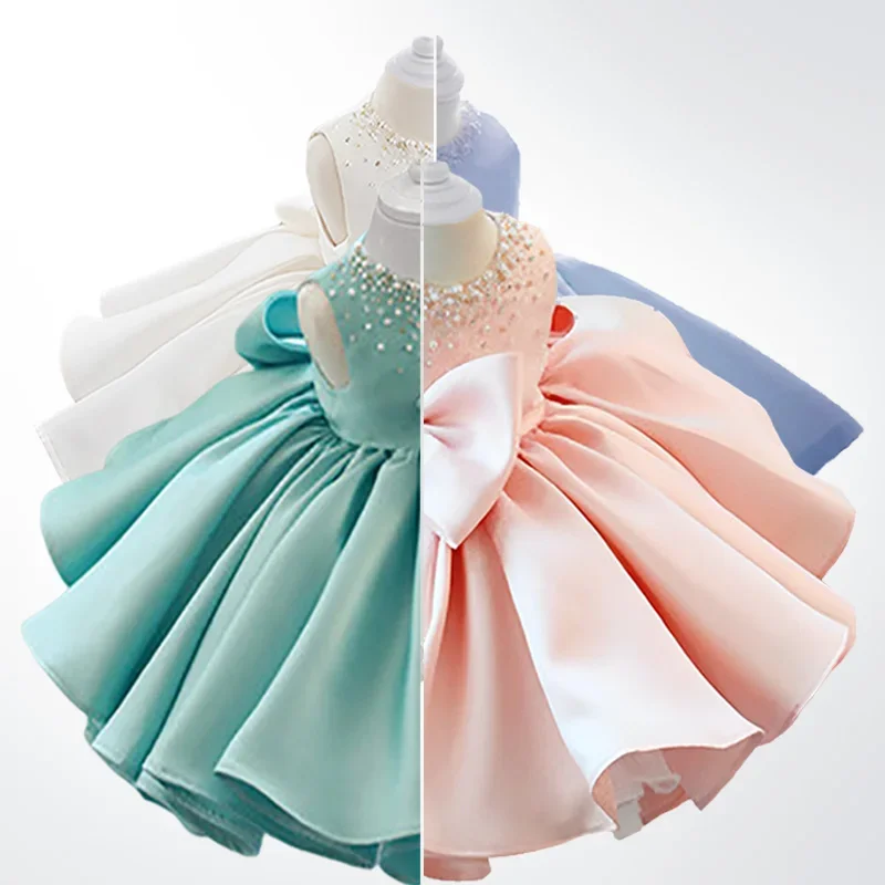 Custom Luxury Dress FlowerGirl Wedding Pageant White Satin Rhinestone Bow Kid Luxe Birthday Guest Evening Runway Show Ball Gown
