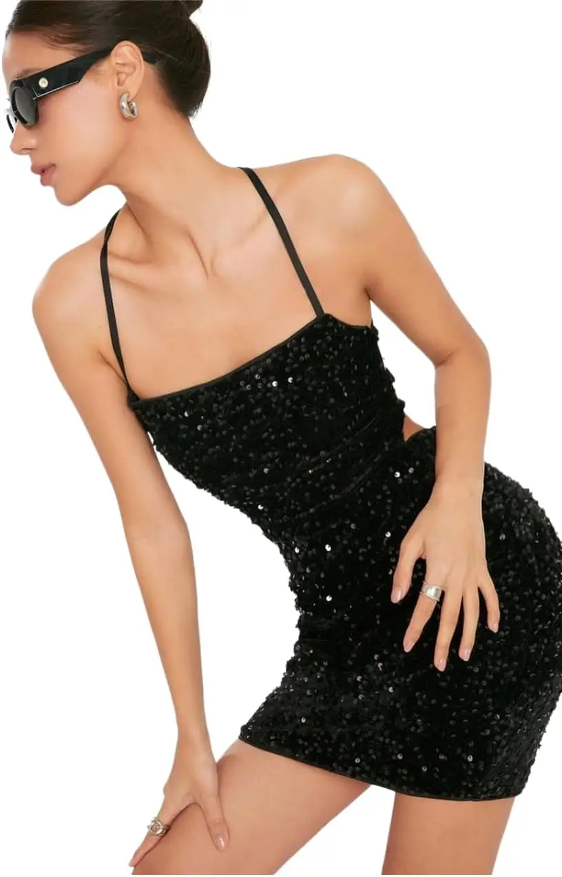 

Women's Sparkly Sequin Backless Lace Up Mini Dress Shiny Spaghetti Straps Halter Bodycon Party Club Evening Dresses Mini Dress