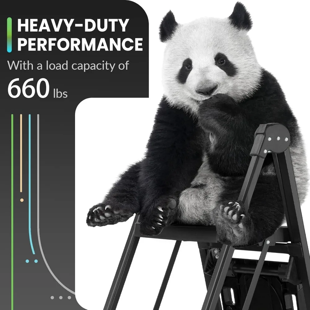 Escada dobrável com corrimão e bandeja de ferramentas, pedal largo antiderrapante, capacidade de 660 libras, construção de aço resistente para uso doméstico