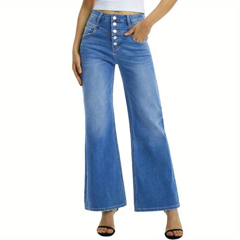 

Women Flare Jeans High Waisted Stretch Button Fly Women's Wide Leg Baggy Jeans 90s Tummy Control Denim Pants