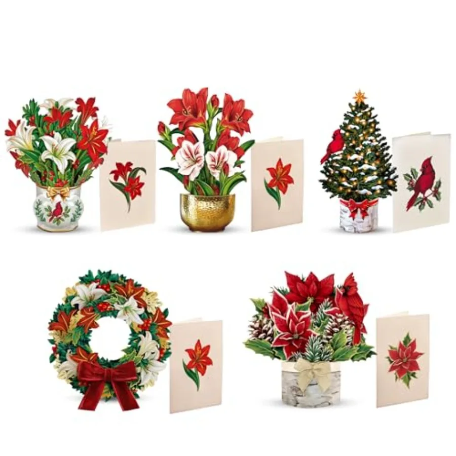 

Pop Up Christmas Cards Boxed Set,,6 inch Mini Sized Paper Flower Bouquet 3D Popup Greeting Cards, Holiday Card, Blank Notecards